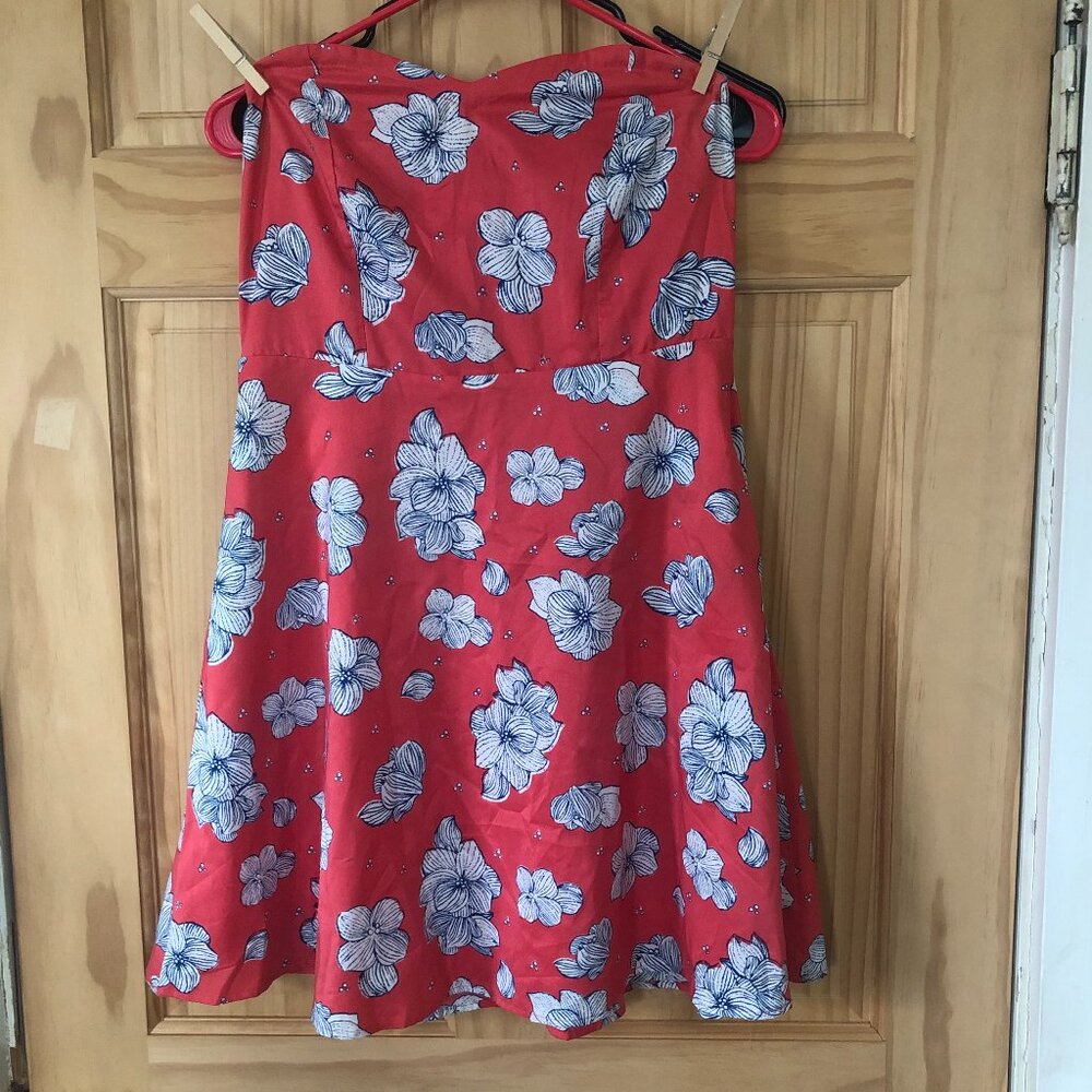 Tulle Tropical Floral Print Strapless Mini Dress - Sz M - Pink and Blue